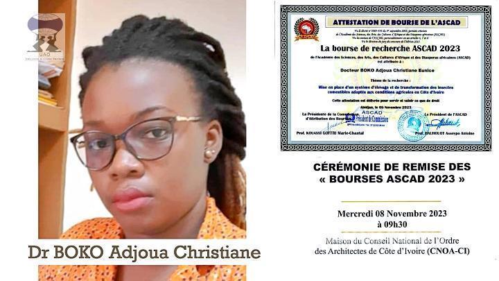 Dr BOKO Adjoua Christiane, Assistante au Département des Sciences et Techniques,deuxième prix de la Bourse de l’ASCAD avec une moyenne de 15/20