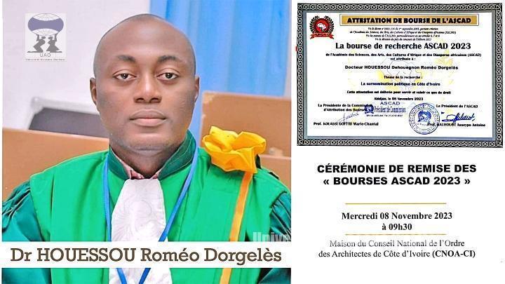 Dr HOUESSOU Roméo Dorgelès, Maître de Conférences au Département des Lettres Modernes, qui a remporté le premier prix de la Bourse de l’ASCAD avec la moyenne de 17/20